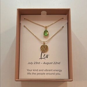Leo Zodiac Gold Necklace Set with Green Teardrop Pendant